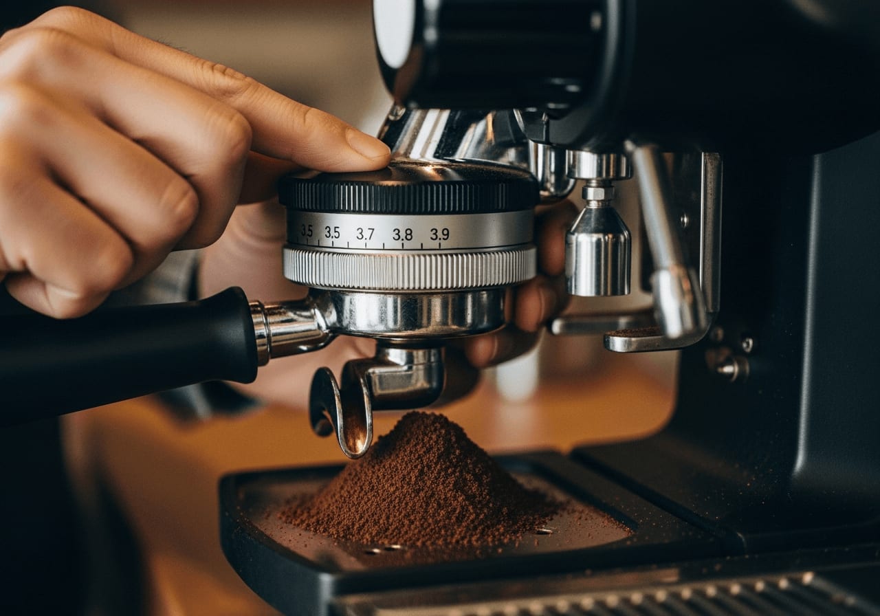 Nahaufnahme eines Barista, der sorgfältig die Mahlgradeinstellungen an einer professionellen Espressomühle anpasst, Fokus auf der numerischen Skala und dem Kaffeemehl.