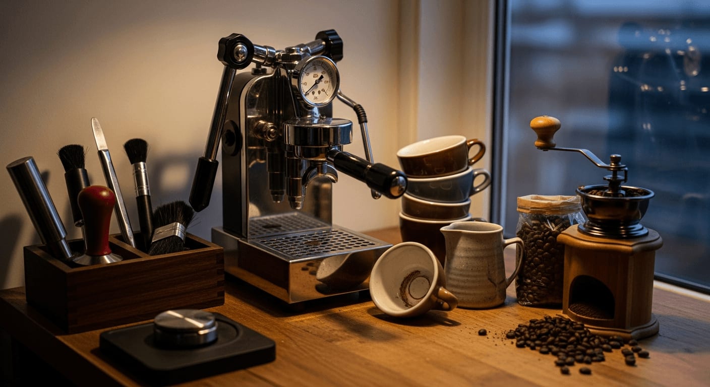 Stimmungsvolles, schwach beleuchtetes Heim-Espresso-Setup mit einer klassischen Handhebelmaschine, Zubehör ausgelegt, Leidenschaft für Kaffee zeigend, filmisch.