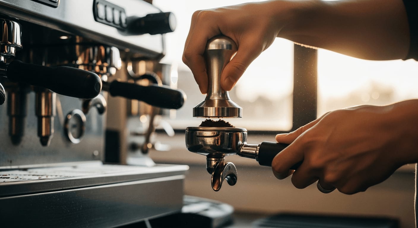Nahaufnahme eines Barista, der Kaffeepulver sorgfältig in einen Siebträger tampert, mit einer professionellen Espressomaschine im unscharfen Hintergrund, warmes Café-Ambiente.