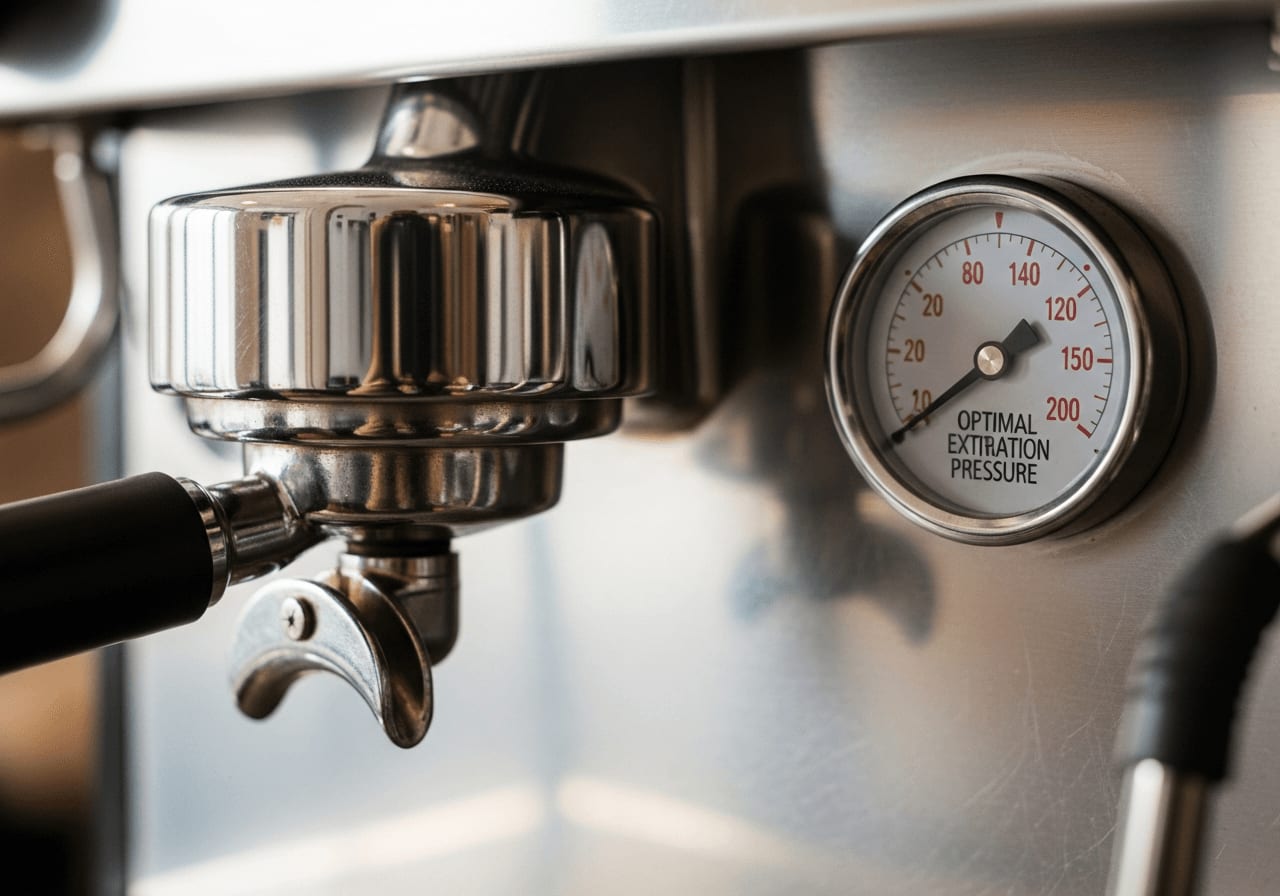 Nahaufnahme eines Manometers an einer Edelstahl-Espressomaschine, das den optimalen Extraktionsdruck anzeigt, weicher Fokus.