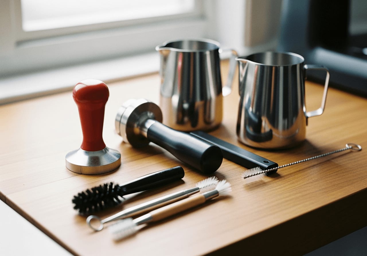 Eine Vielzahl von Barista-Werkzeugen auf einer hölzernen Arbeitsplatte, darunter ein Tamper, ein Milchkännchen und Reinigungsbürsten, weiches natürliches Licht.