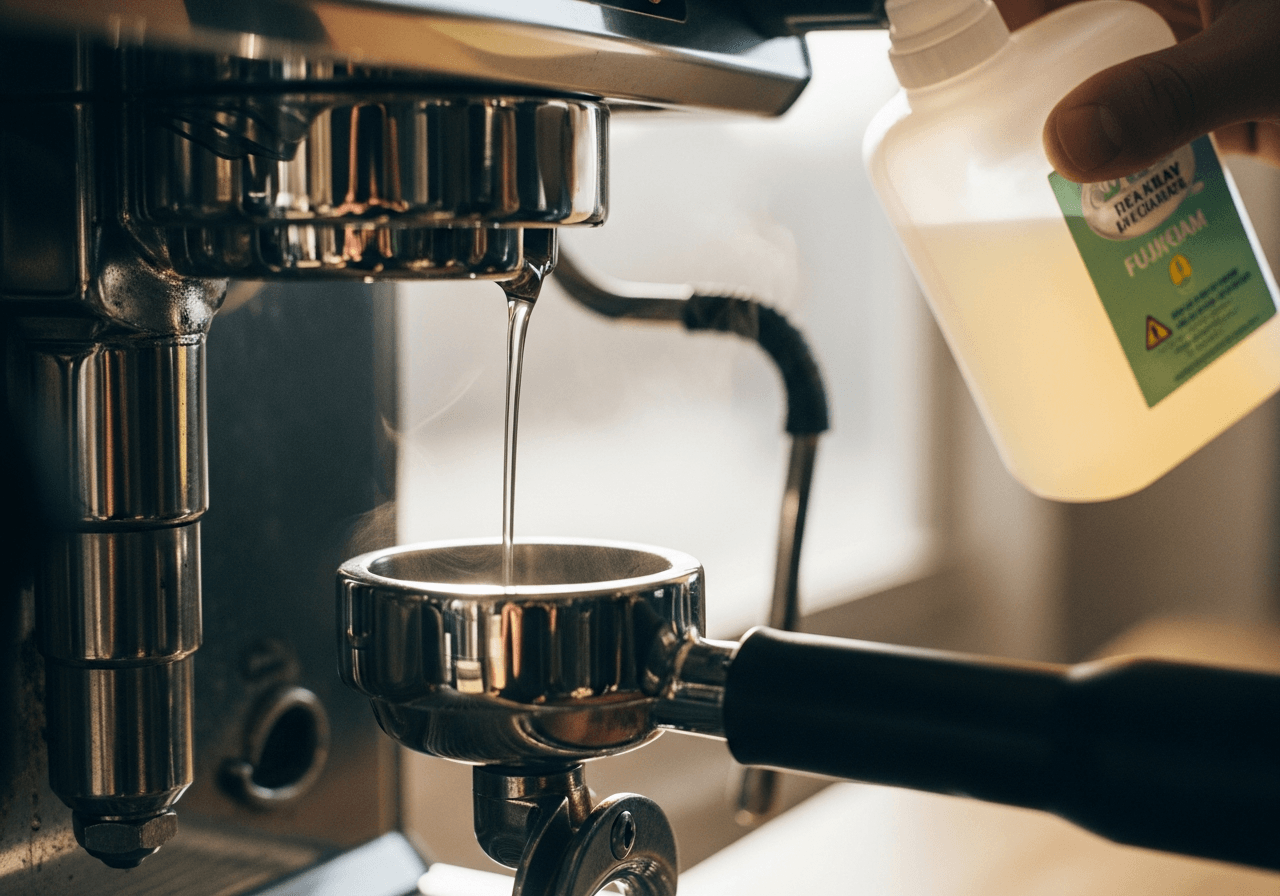 Entkalkungslösung wird in den Wassertank einer Espressomaschine gegossen.