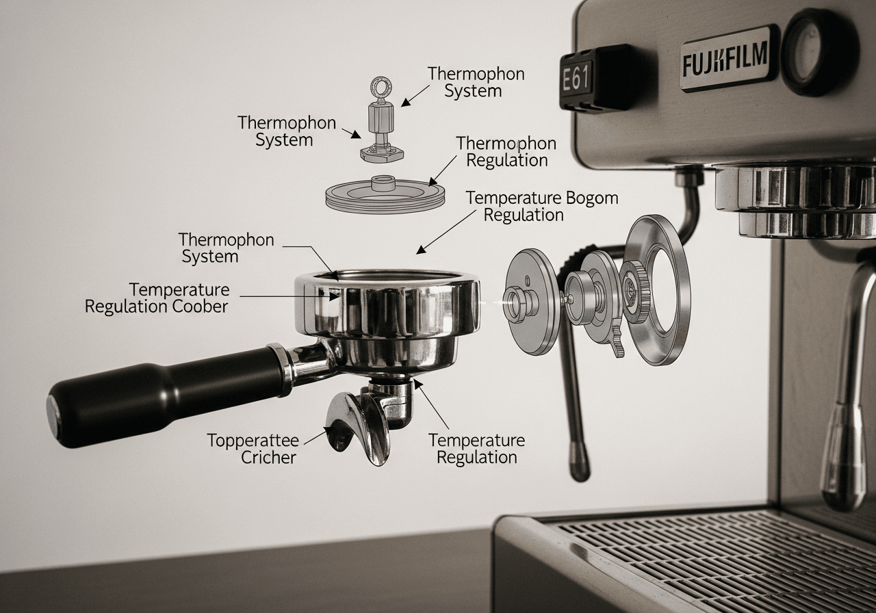 Exploded view diagram of a classic E61 espresso machine group head, highlighting the thermosyphon system and temperature regulation components, technical illustration style