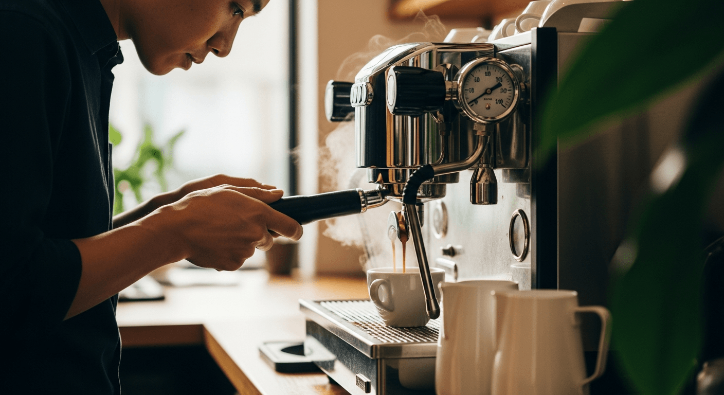 Barista überwacht Espresso Extraktion, Fokus auf Manometer, Café Atmosphäre