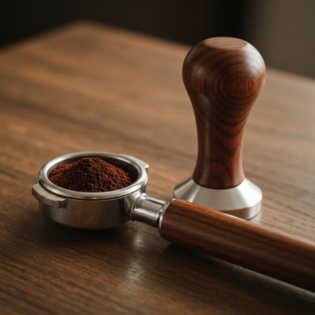 Präziser Tamper und gefüllter Siebträger auf Holz, wichtig für gleichmäßigen Druck und perfekten Espresso.