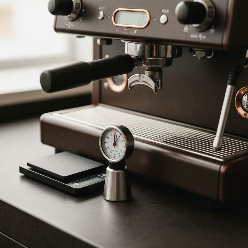 Digitale Kaffeewaage und Timer neben Siebträgermaschine für exakte Dosis und Brühtemperatur-Kontrolle.