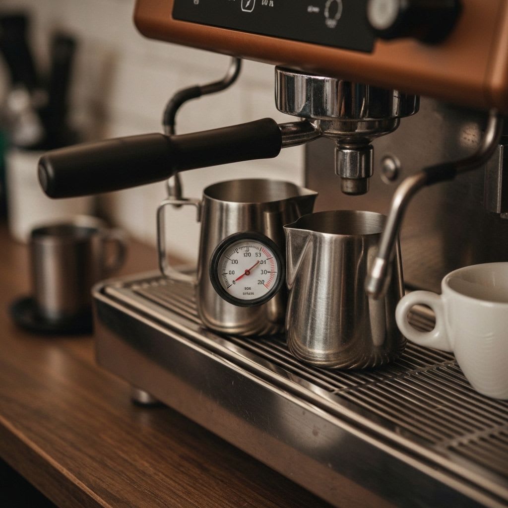 Barista-Thermometer in Milchkännchen, essentiell für die richtige Temperatur des Milchschaums zum Espresso.