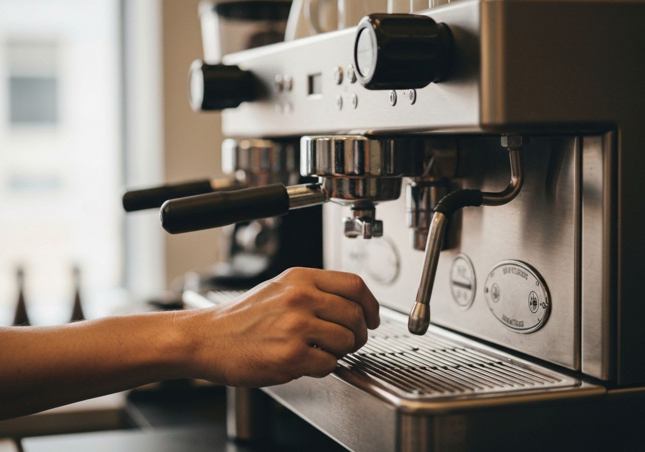 Nahaufnahme der Hand eines Baristas, der den PID-Regler an der Siebträgermaschine für präzise Brühtemperatur steuert.
