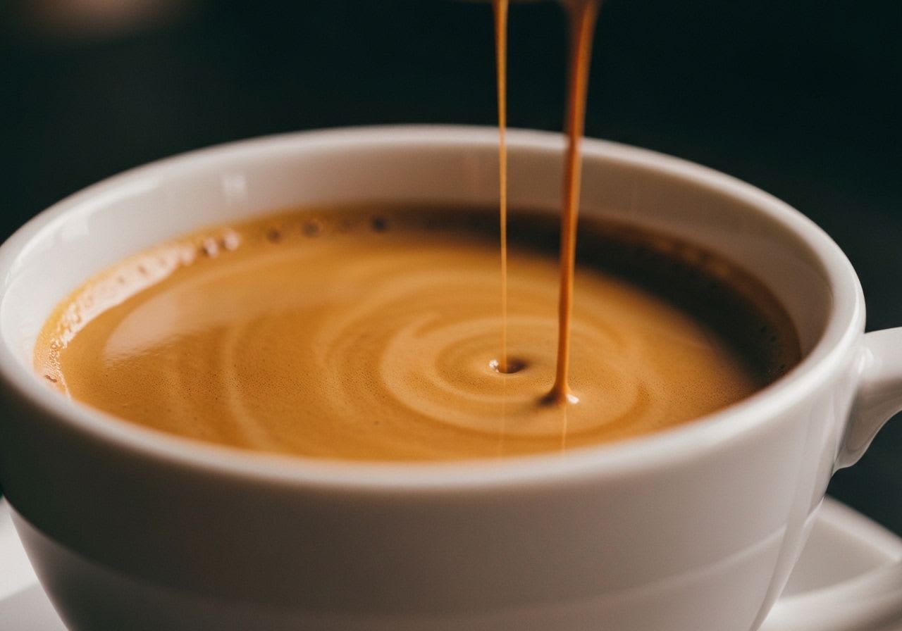 Makroaufnahme eines perfekt extrahierten Espressos mit dichter, rotbrauner Crema, Zeichen idealer Temperatur und Druck.