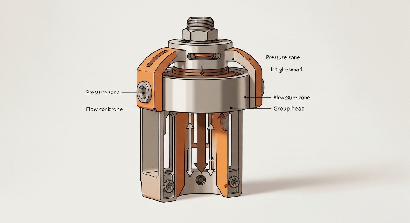 Detailliertes Diagramm einer E61-Brühgruppe mit Flow Control, das Wasserdurchfluss und Druck für die Espresso-Extraktion zeigt.