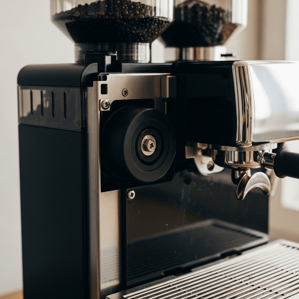 Innenleben eines Kaffeevollautomaten: Detailaufnahme der Brühgruppe und des Mahlwerks, entscheidend für die Kaffeequalität 1/2