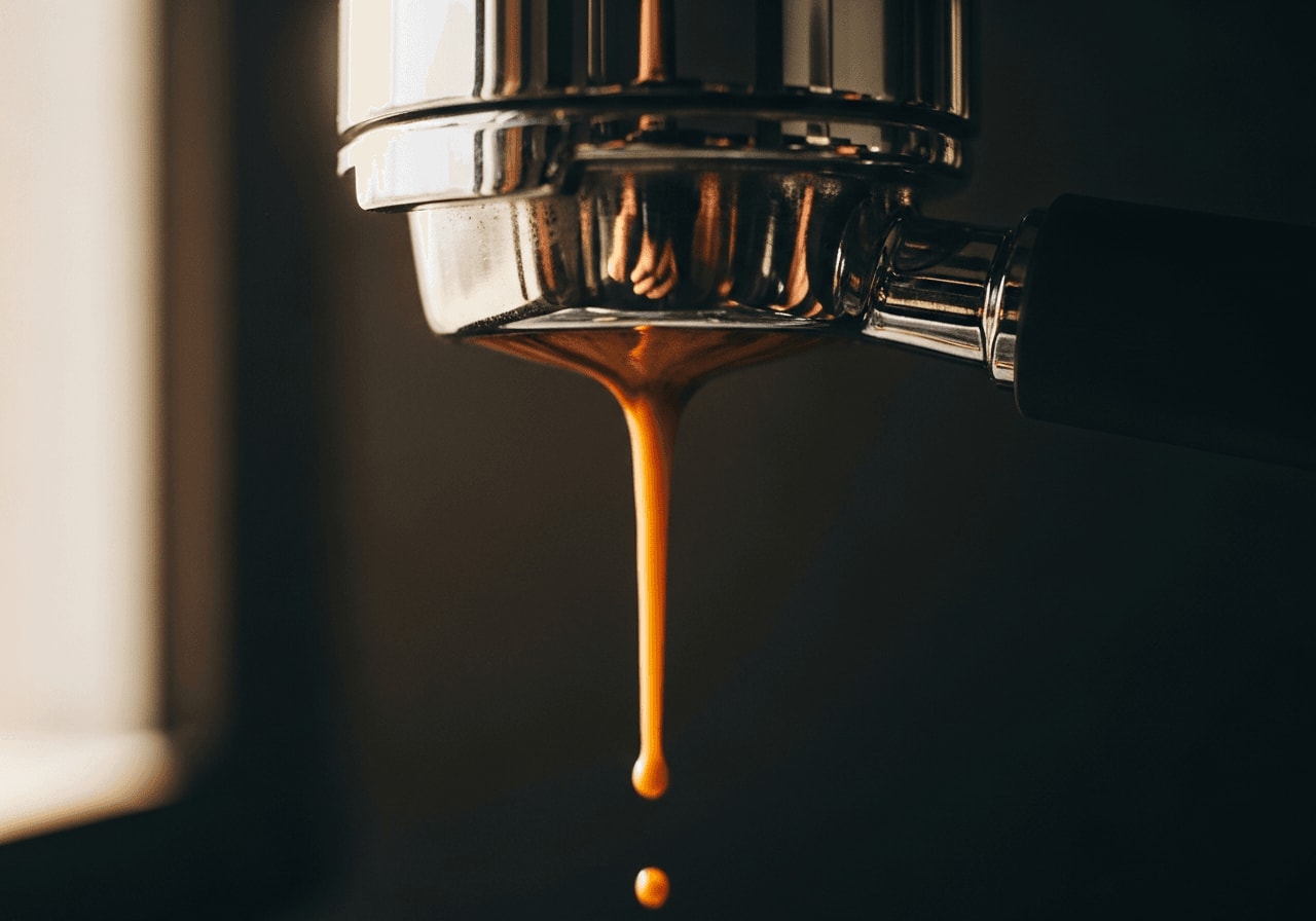 Perfekt extrahierter Espresso mit dicker Tiger-Crema aus einem Siebträger, Fokus auf den richtigen Mahlgrad für die Extraktionszeit