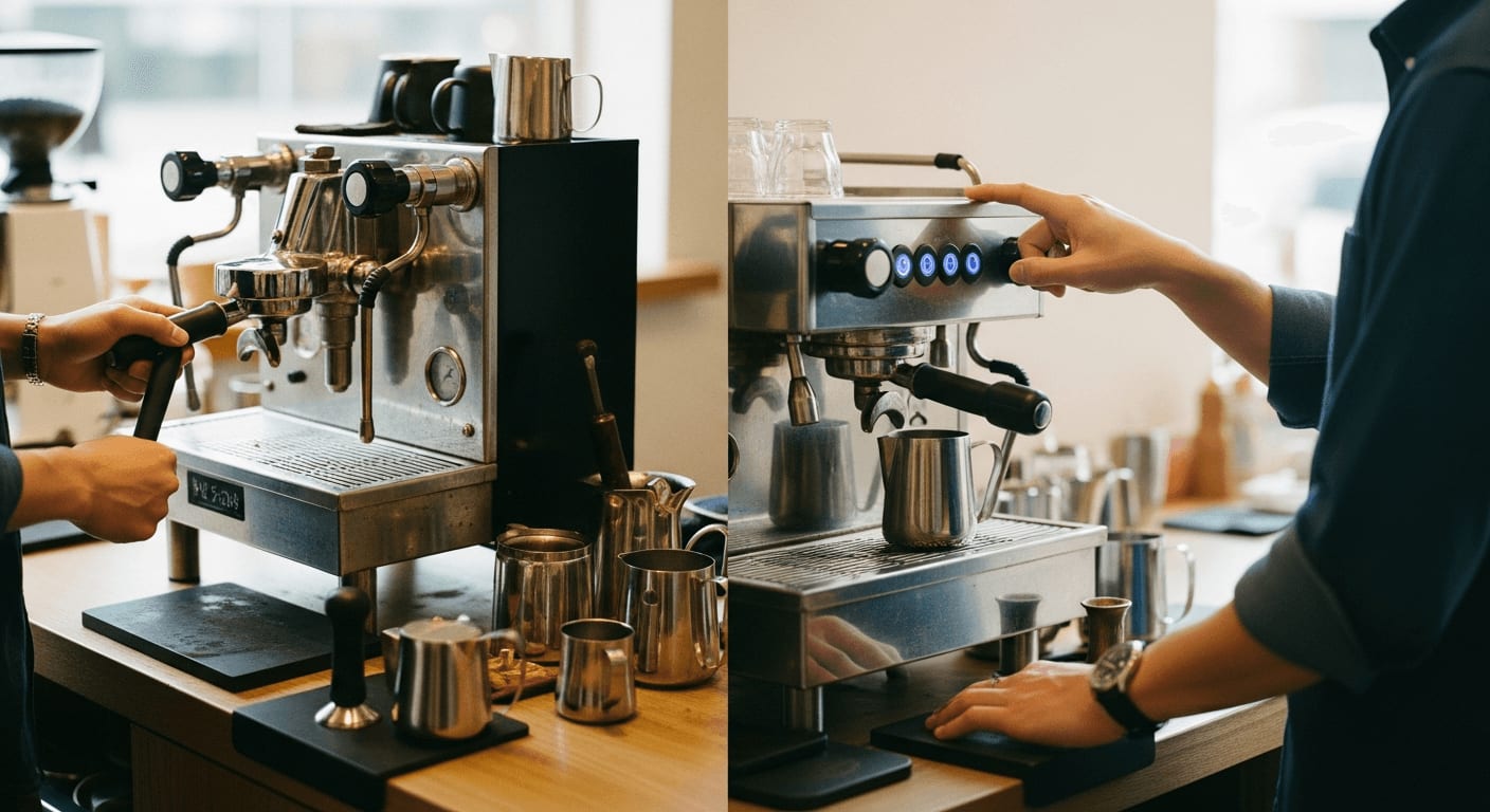 Siebträgermaschine vs. Kaffeevollautomat: Barista bereitet Espresso zu, während eine andere Person einen Kaffeevollautomaten bedient