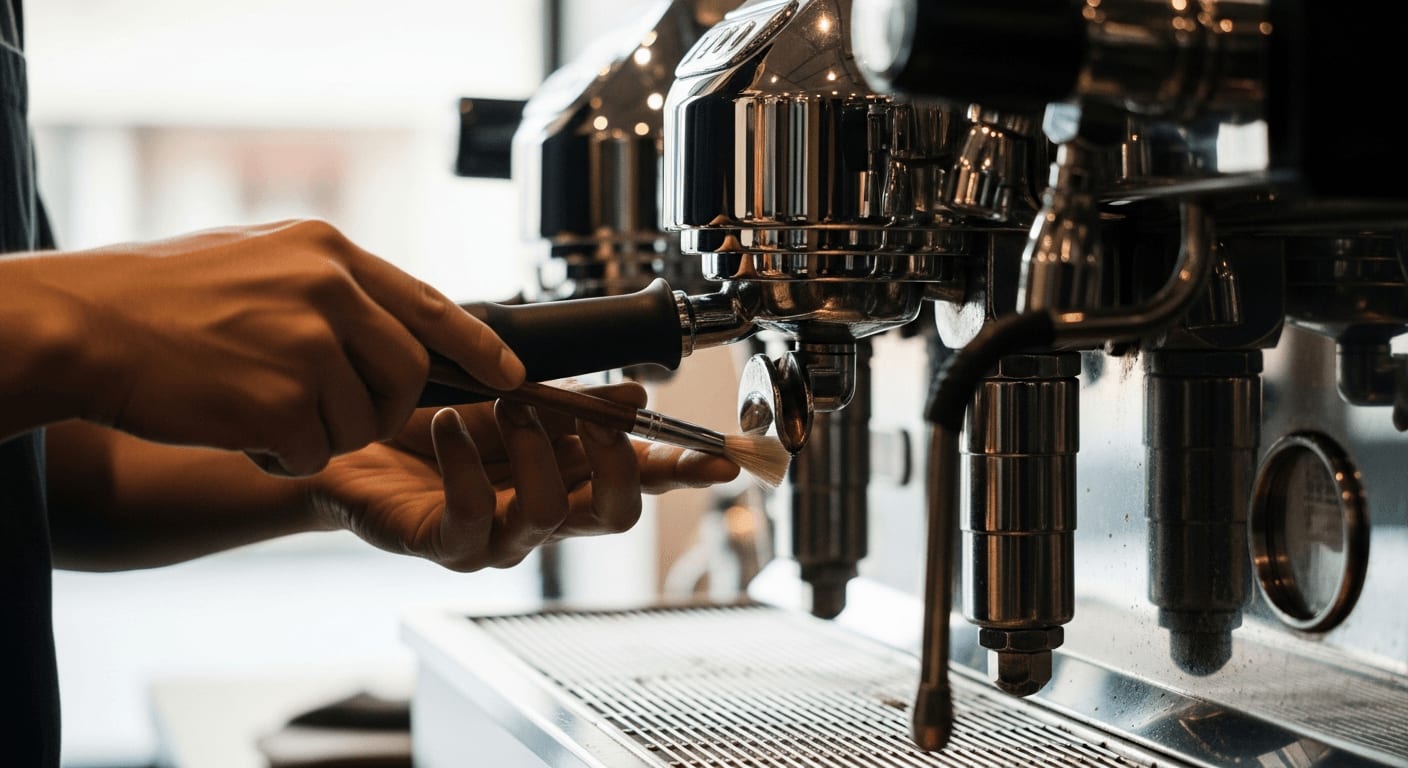 Barista, der den Brühkopf einer glänzenden Espressomaschine mit einer kleinen Bürste reinigt, detaillierte Chromoberfläche, Ambiente Café-Beleuchtung
