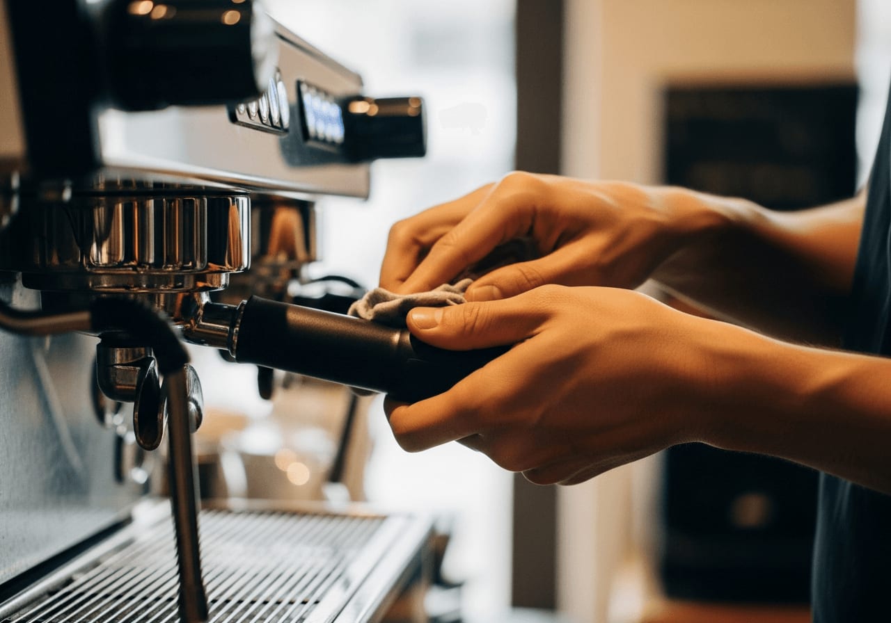 Nahaufnahme der Hände eines Barista, der sorgfältig den Dampfstab einer Edelstahl-Espressomaschine abwischt, Café-Hintergrund, warmes Licht