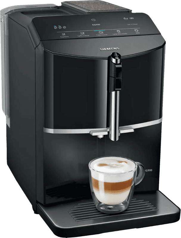 SIEMENS Kaffeevollautomat EQ300 TF301E19, viele Kaffeespezialitäten, OneTouch-Funktion, Milchaufschäumer, Keramikmahlwerk, klavierlack schwarz