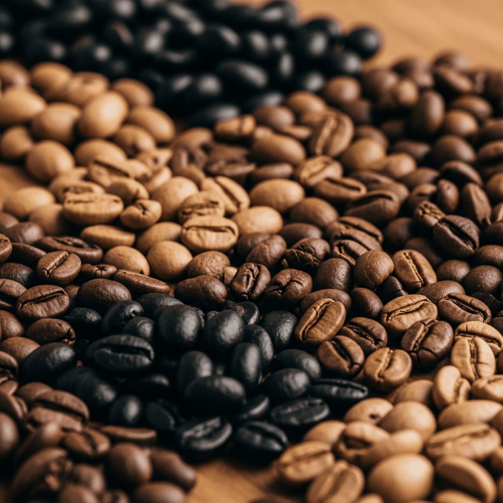 Eine Auswahl gerösteter Single Estate Kaffeebohnen, die verschiedene Röstungen und Farben zeigen, angeordnet auf einer Holzoberfläche