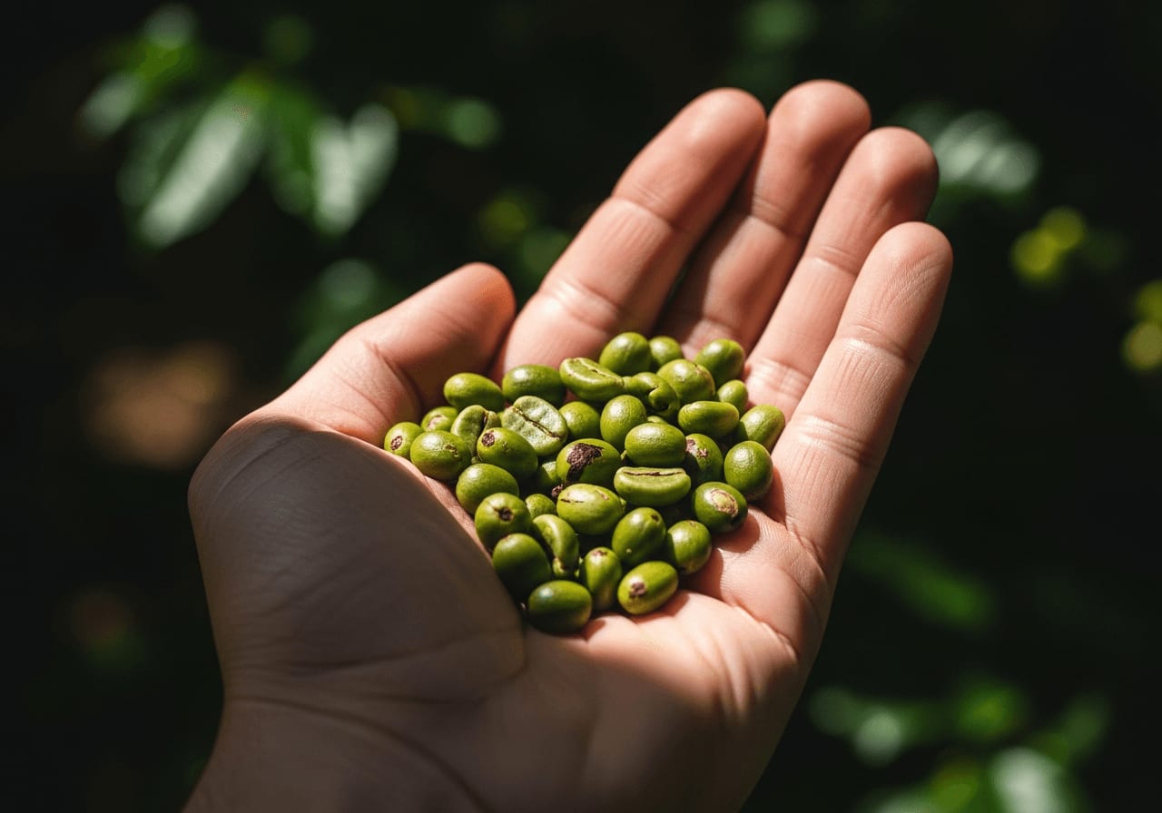 Nahaufnahme einer Hand, die eine Handvoll grüner Kaffeebohnen auf einer Single Estate Farm hält, natürliches Sonnenlicht