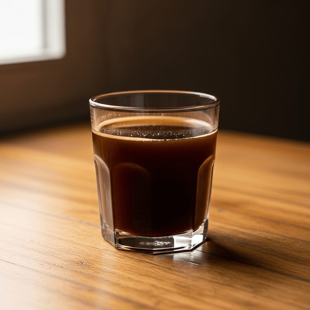 Glas Cold Brew aus Sumatrabohnen, das die dunkle Farbe und das Sediment am Boden zeigt.