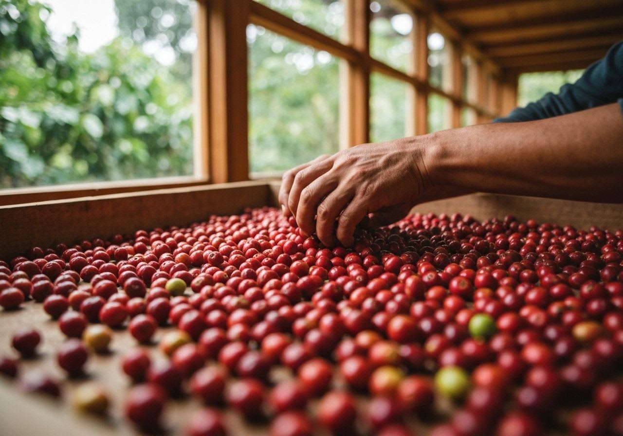 Sorgfältig sortierte Single Origin Kaffeekirschen vor der gewaschenen Aufbereitung in den kolumbianischen Anbaugebieten.