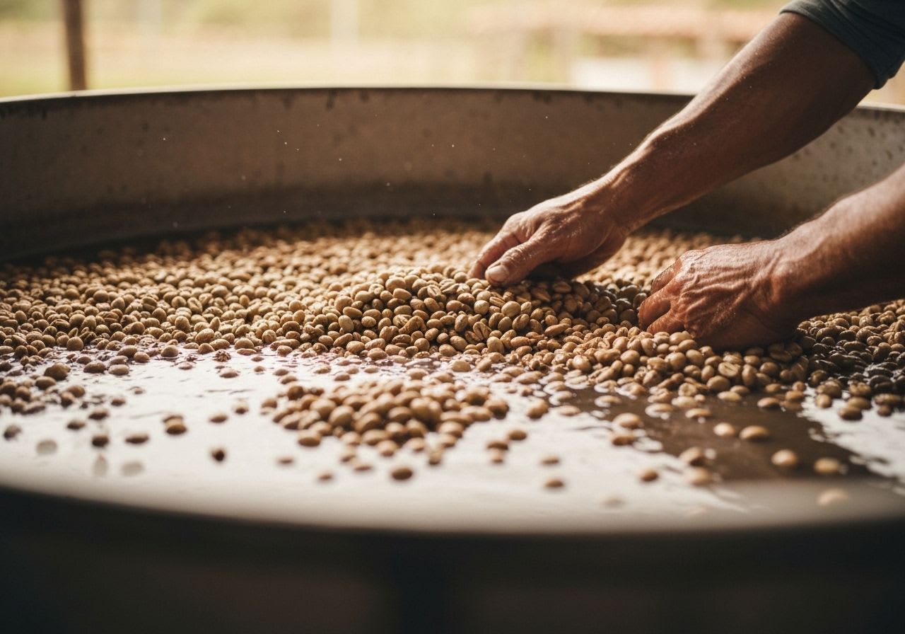 Single Origin Kaffeebohnen in einem Fermentationsbecken während des Waschprozesses, typisch für Kolumbiens Anbaugebiete.