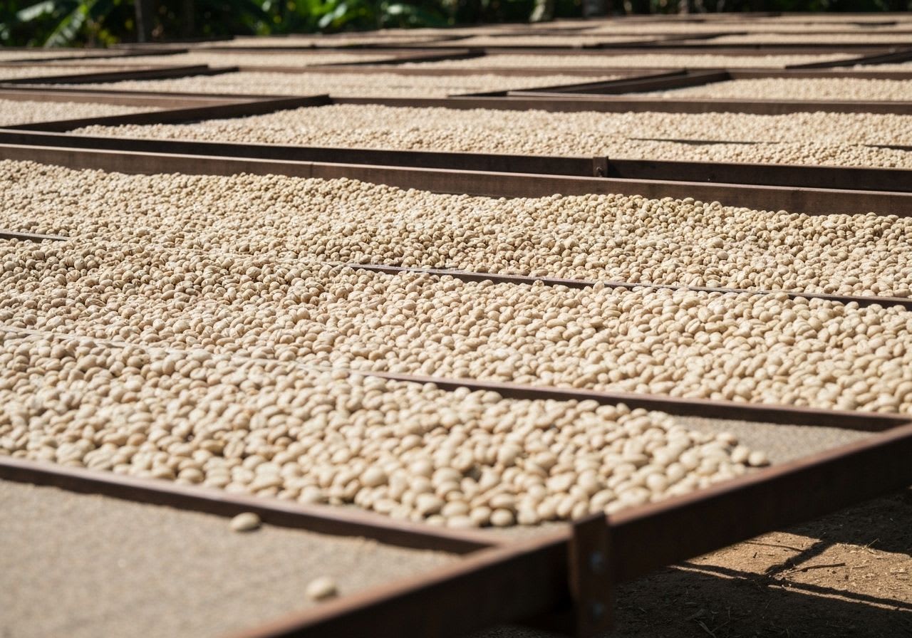 Getrocknete Single Origin Kaffeebohnen auf Trocknungsbetten in Kolumbien, bereit für den Export aus den Anbaugebieten.