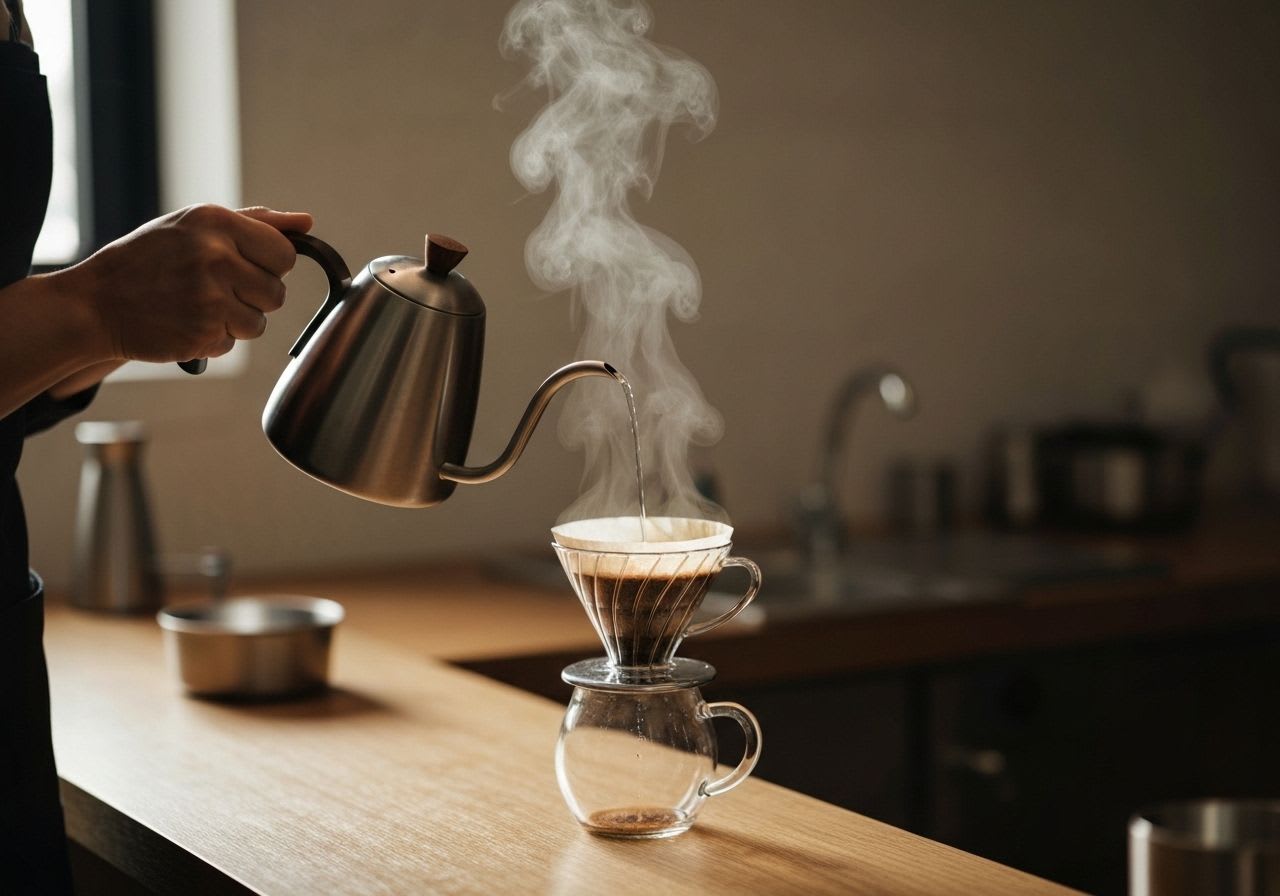 Präzise Zubereitung eines Single Origin Kaffees mit einem Handfilter, um die einzigartigen Frucht- und Blumenaromen zu betonen.