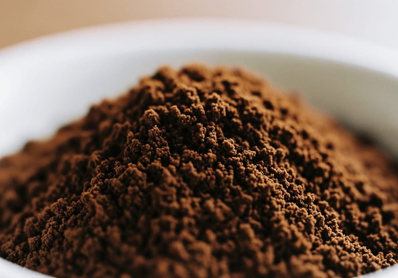 Nahaufnahme von frisch gemahlenen Kaffeebohnen, mittlere Röstung, aromatisch, bereit zum Brühen, weicher Fokus im Hintergrund