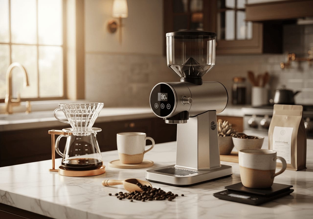 Interior shot of a high-end kitchen featuring a smart coffee grinder on a marble countertop, surrounded by elegant coffee accessories, emphasizing the blend of technology and luxury in coffee preparation.