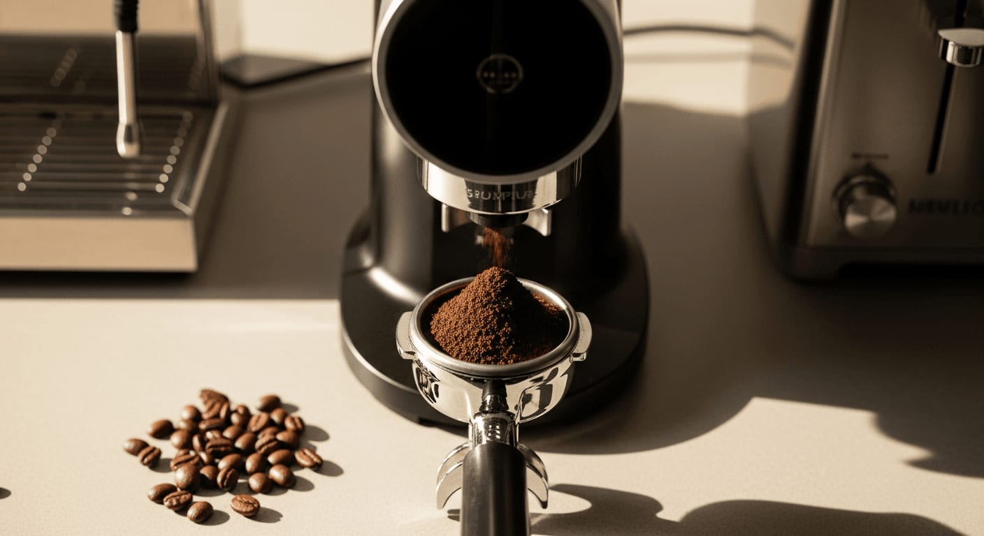 Draufsicht auf eine smarte Kaffeemühle, die perfekt gemahlenen Kaffee in einen Siebträger gibt, umgeben von verstreuten Kaffeebohnen und modernen Küchengeräten.