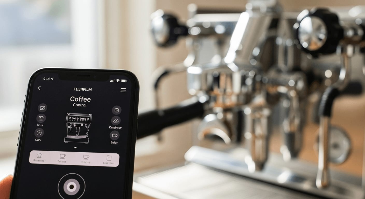 Nahaufnahme eines Smartphones mit einer App zur Steuerung einer Kaffeemaschine, mit einer modernen Espressomaschine im Hintergrund.