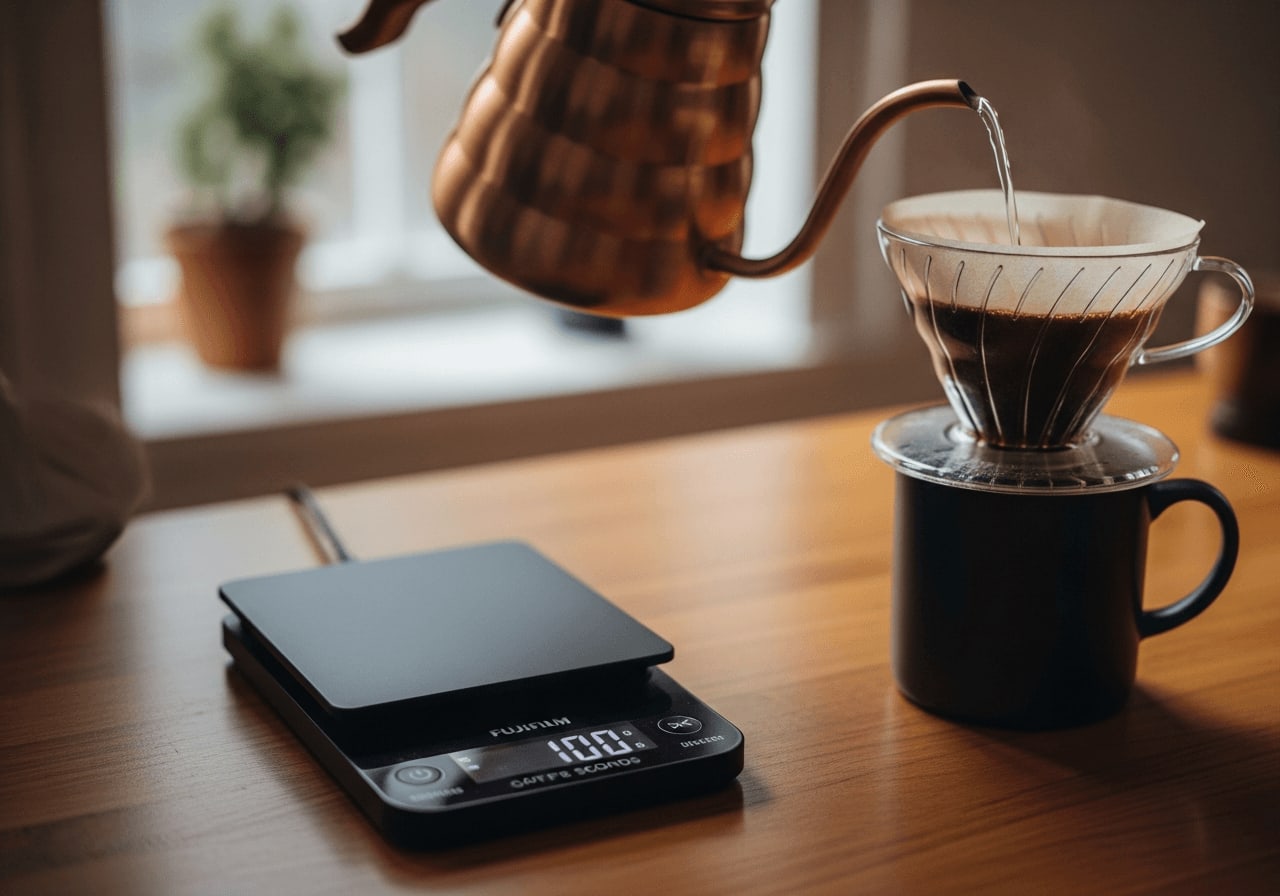 Eine elegante digitale Kaffeewaage mit Timer, die präzise Messwerte anzeigt, während Kaffee in einem Pour-Over-System gebrüht wird.
