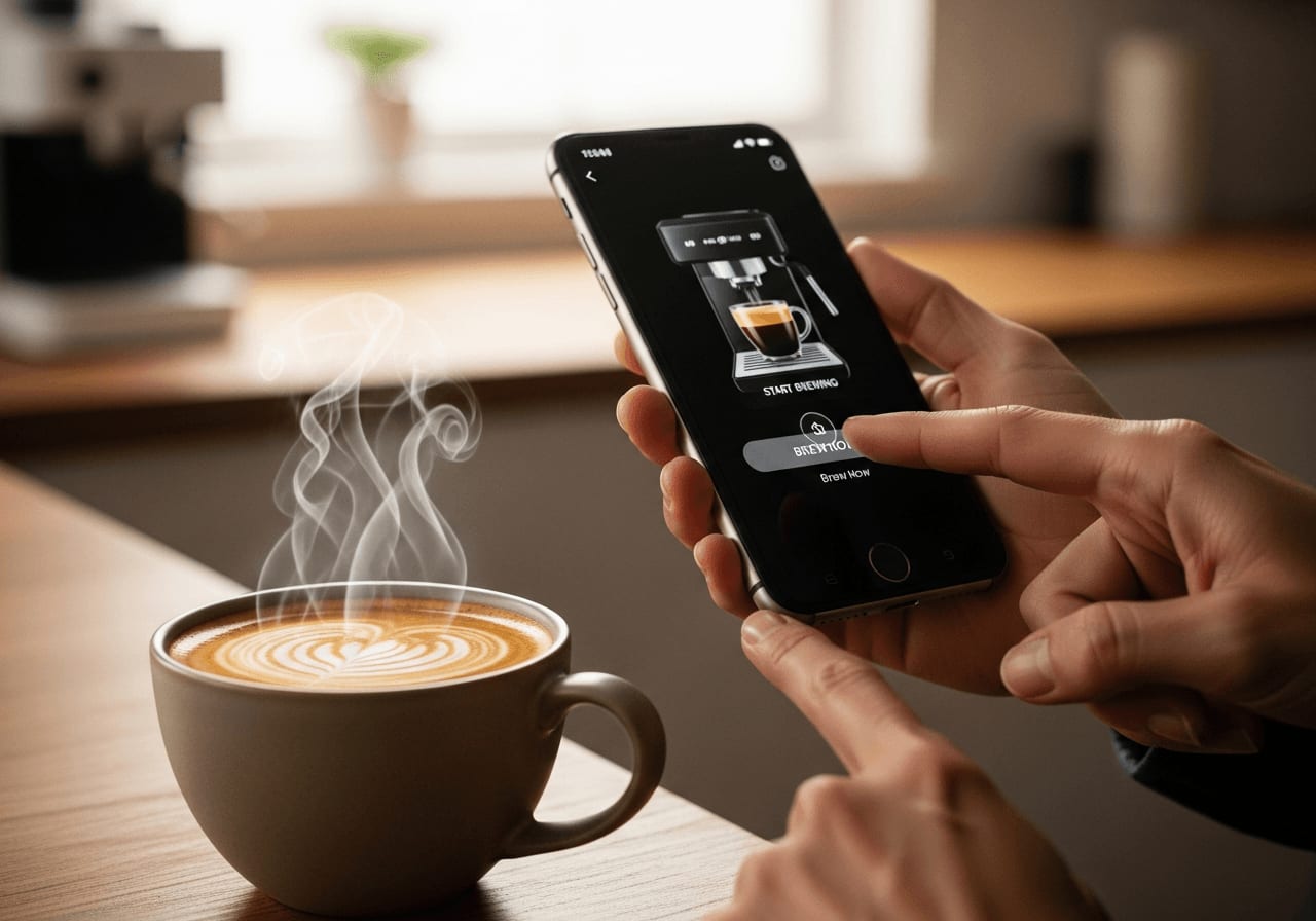 Eine Person benutzt eine Smartphone-App, um eine Kaffeemaschine aus der Ferne zu starten, mit einer dampfenden Tasse Kaffee im Vordergrund.