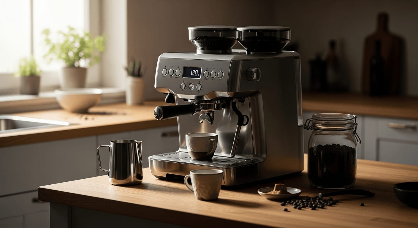 Elegante, moderne Küche mit einer intelligenten Kaffeemaschine mit leuchtendem Digitaldisplay, umgeben von minimalistischem Kaffeezubehör.