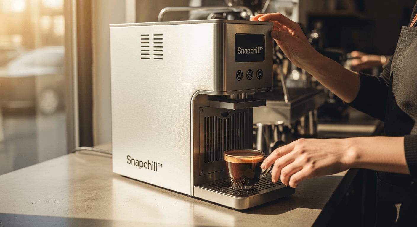 Ein professioneller Barista verwendet eine Snapchill™-Maschine, um eine frisch gebrühte Tasse Kaffee schnell abzukühlen, Fokus auf die Maschine