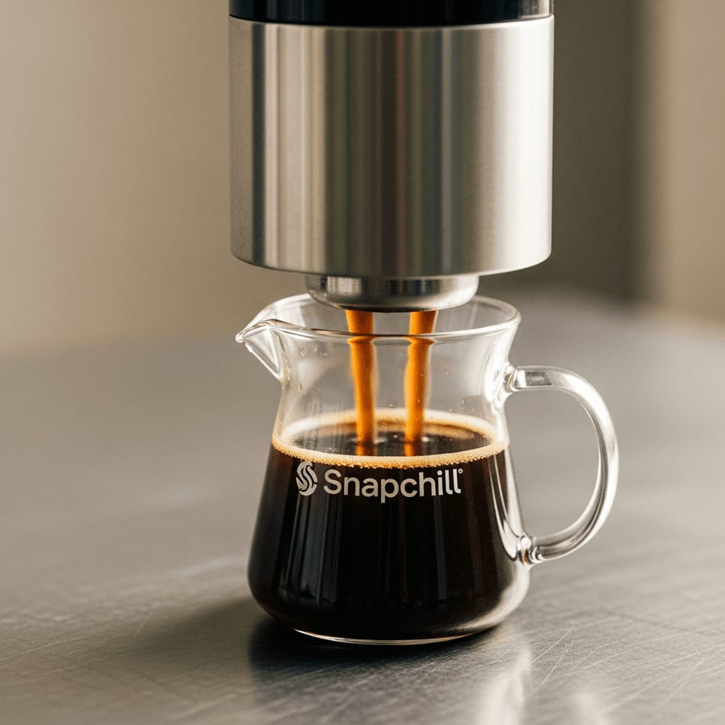 Frisch gebrühter Kaffee wird mit der Snapchill-Technologie verarbeitet, Nahaufnahme des schnellen Kühlprozesses