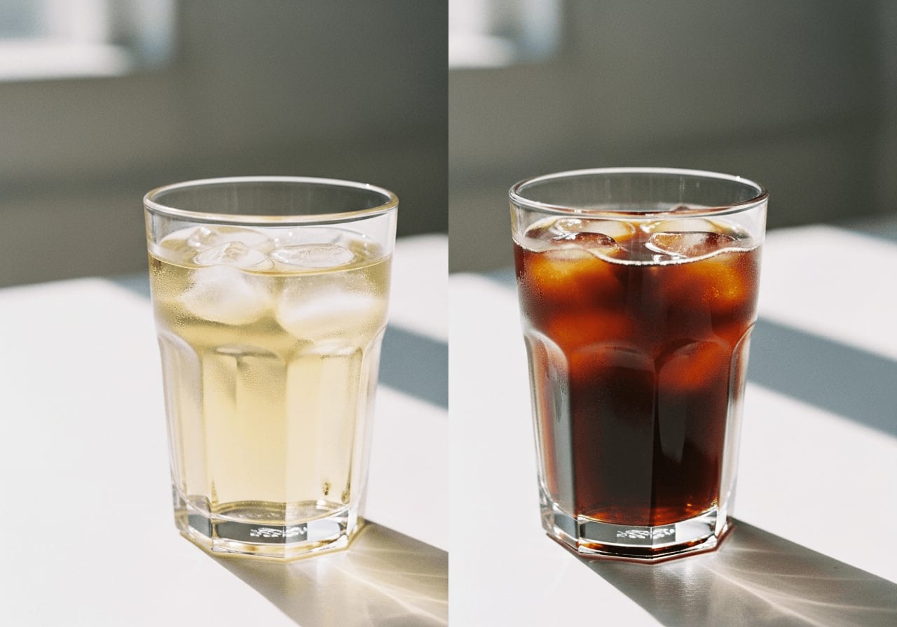 Zwei Gläser Eiskaffee, eines sichtbar wässrig und hell, das andere dunkel und reichhaltig, nebeneinander, die das Aussehen kontrastieren