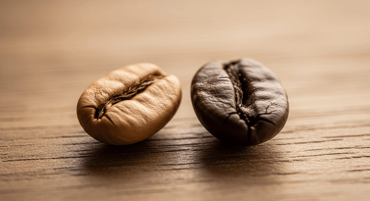 Makroaufnahme einer perfekten Specialty Coffee Bohne neben einer dunkel gerösteten Supermarkt-Kaffeebohne auf Holz.