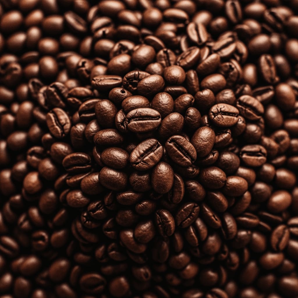 Nahaufnahme von dunkel gerösteten, öligen Supermarkt-Kaffeebohnen aus der industriellen Massenproduktion.
