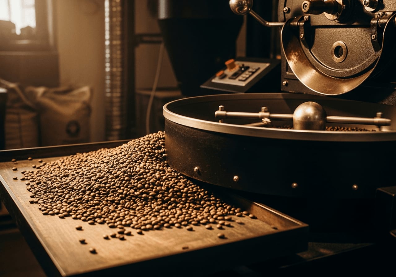 Ein traditioneller Trommelröster röstet Specialty Coffee schonend bei niedrigen Temperaturen in einer Kaffeerösterei.
