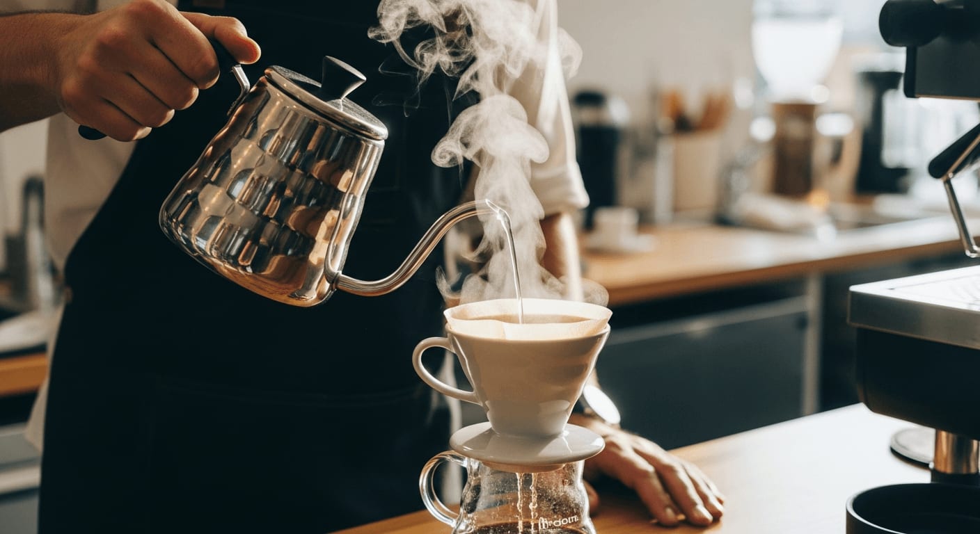 Barista brüht hochwertigen Specialty Coffee frisch mit einem Handfilter auf, um den Aufpreis für guten Kaffee zu zeigen.