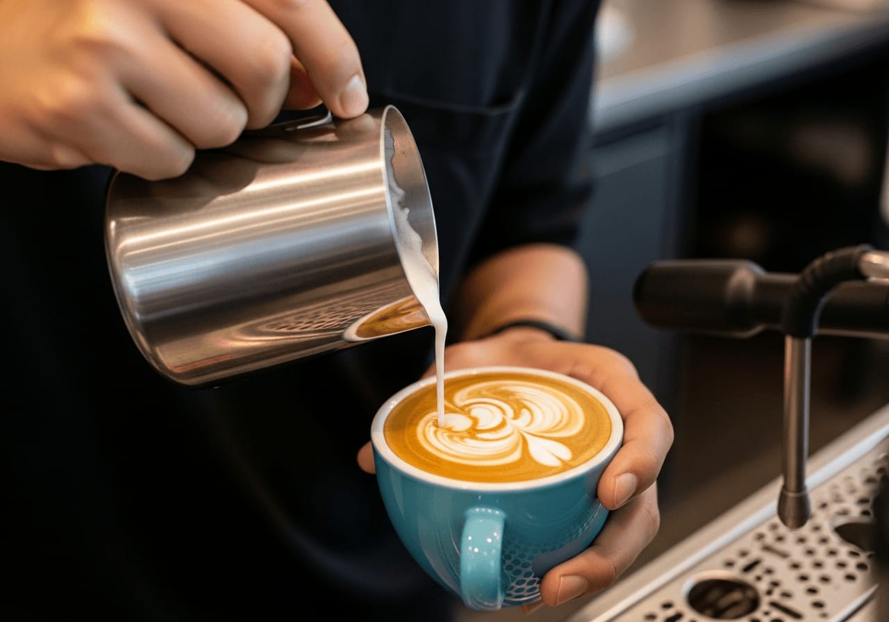 Ein Barista gießt seidig aufgeschäumte Milch für Latte Art in einen kräftigen Specialty Coffee Espresso Roast.