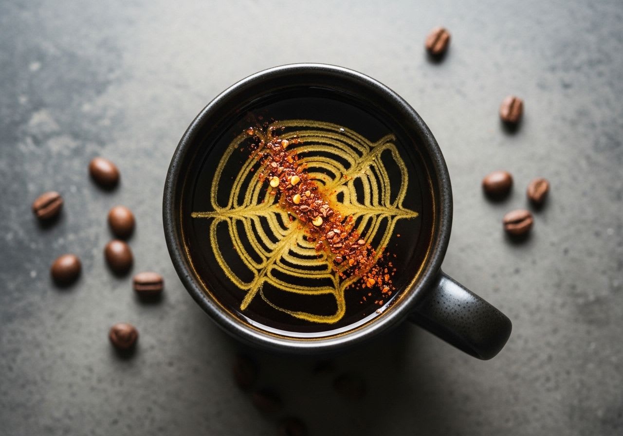 Overhead-Aufnahme einer dunklen Keramiktasse mit süß-scharfem Swizy Coffee, Honig und Chili-Flocken auf Steinoberfläche.