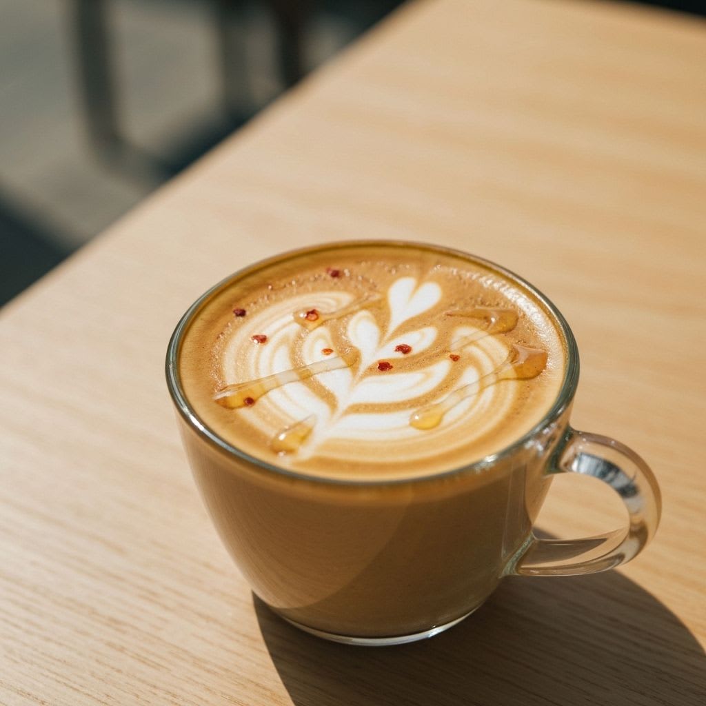 Swizy Coffee Latte Art mit Honig und Chili-Flocken in einem Glas; eine kreative süß-scharfe Kreation.