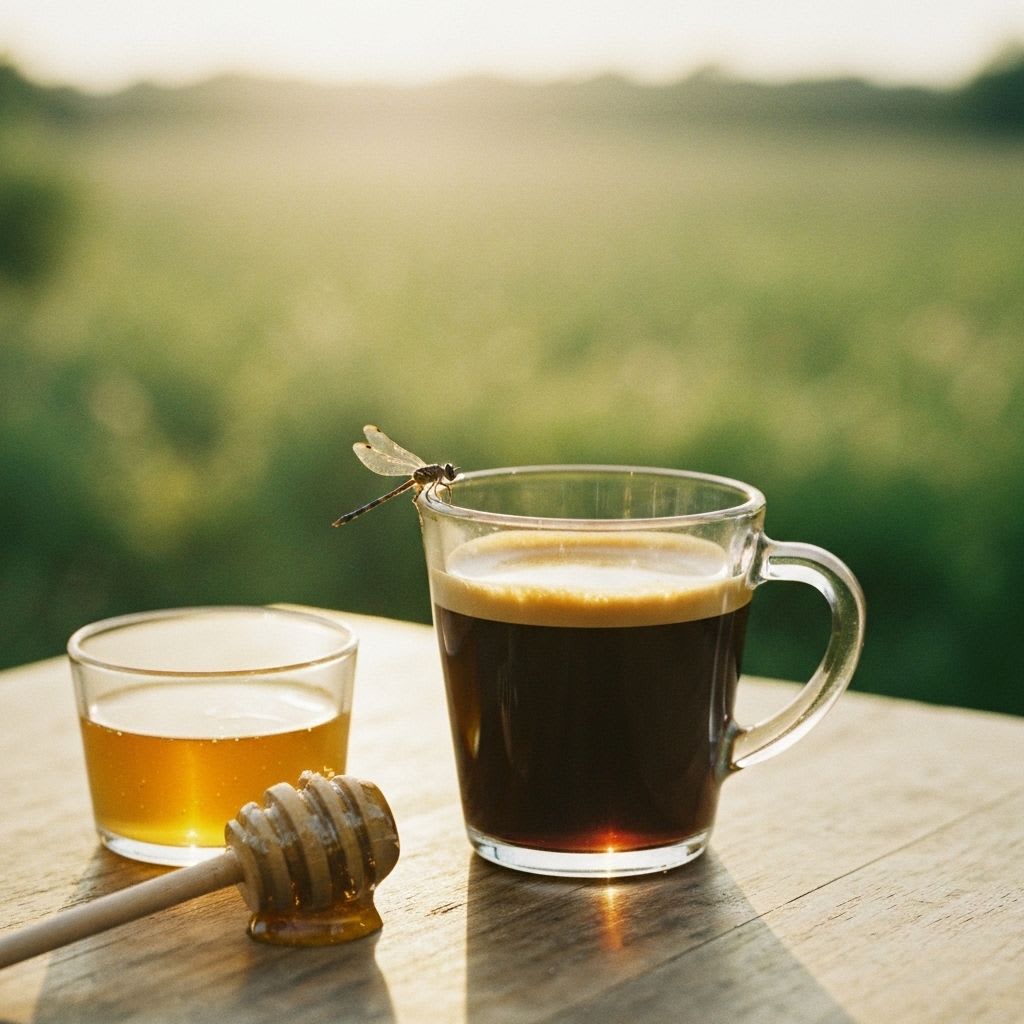 Gekühlter Swizy Coffee mit Honig und Chili-Fäden in hohem Glas, erfrischende süß-scharfe Kaffee-Kreation.