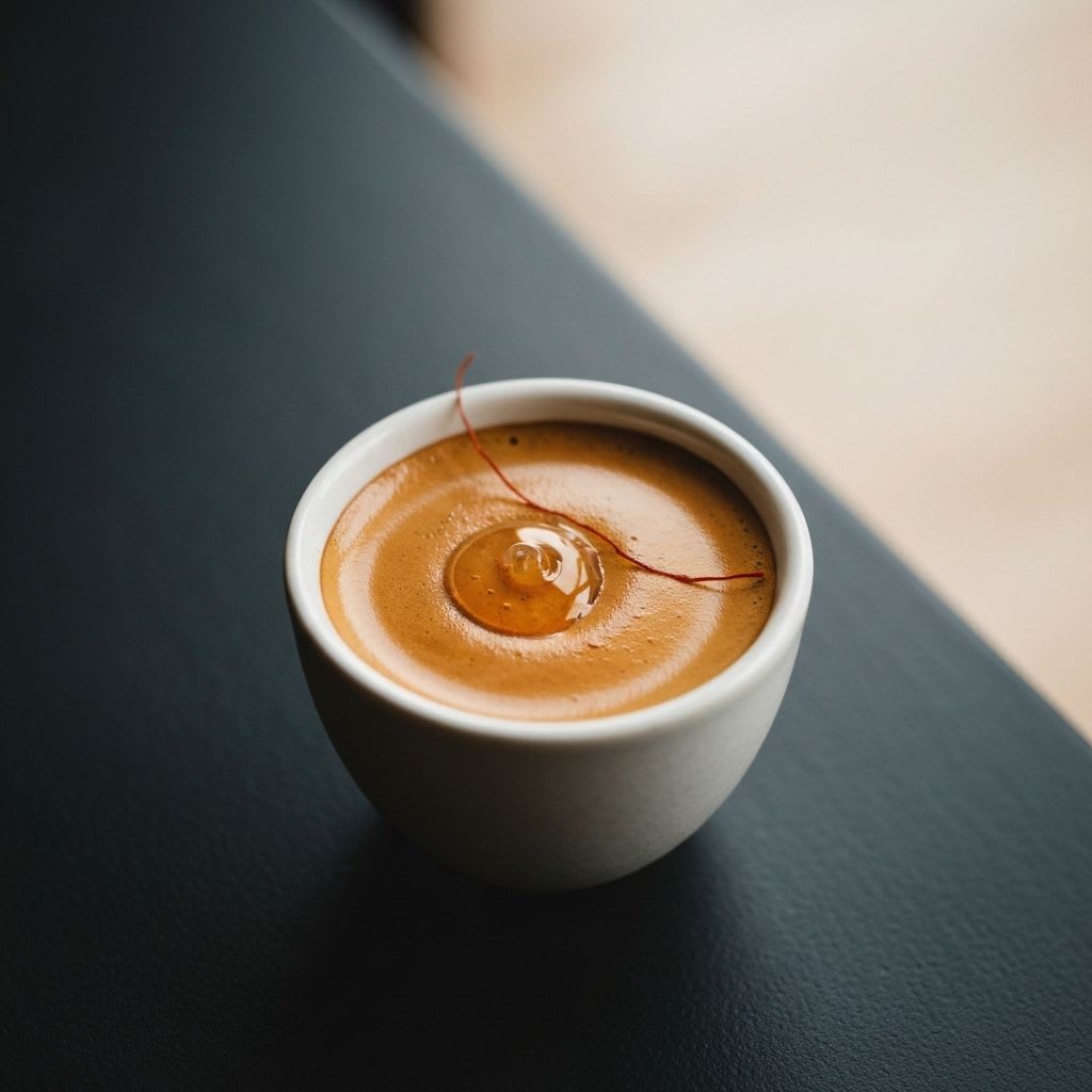 Espresso-Shot mit Honig und rotem Chili-Faden auf der Crema, eine intensive Swizy Coffee Variante für Kenner.