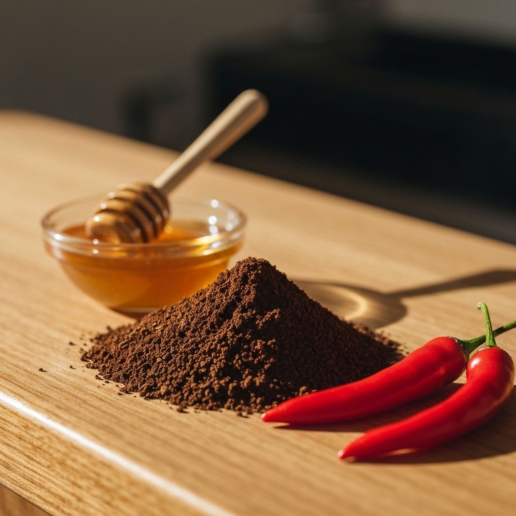 Nahaufnahme von frisch gemahlenem Kaffee, Honig und roten Chilischoten; essentielle Zutaten für Swizy Coffee Rezepte.