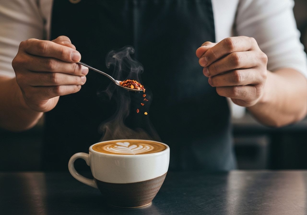Barista streut präzise eine kleine Menge roter Chili-Flocken auf frisch gebrühten Kaffee, wichtig für Swizy Coffee Rezepte.