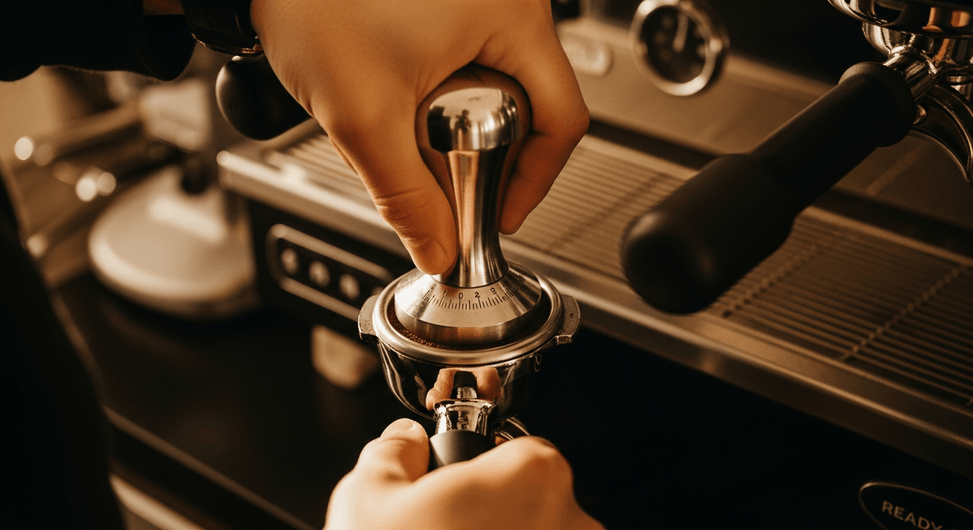 Overhead shot of a barista using a calibrated tamper on ground coffee in a stainless steel portafilter, professional espresso machine in background, shallow depth of field