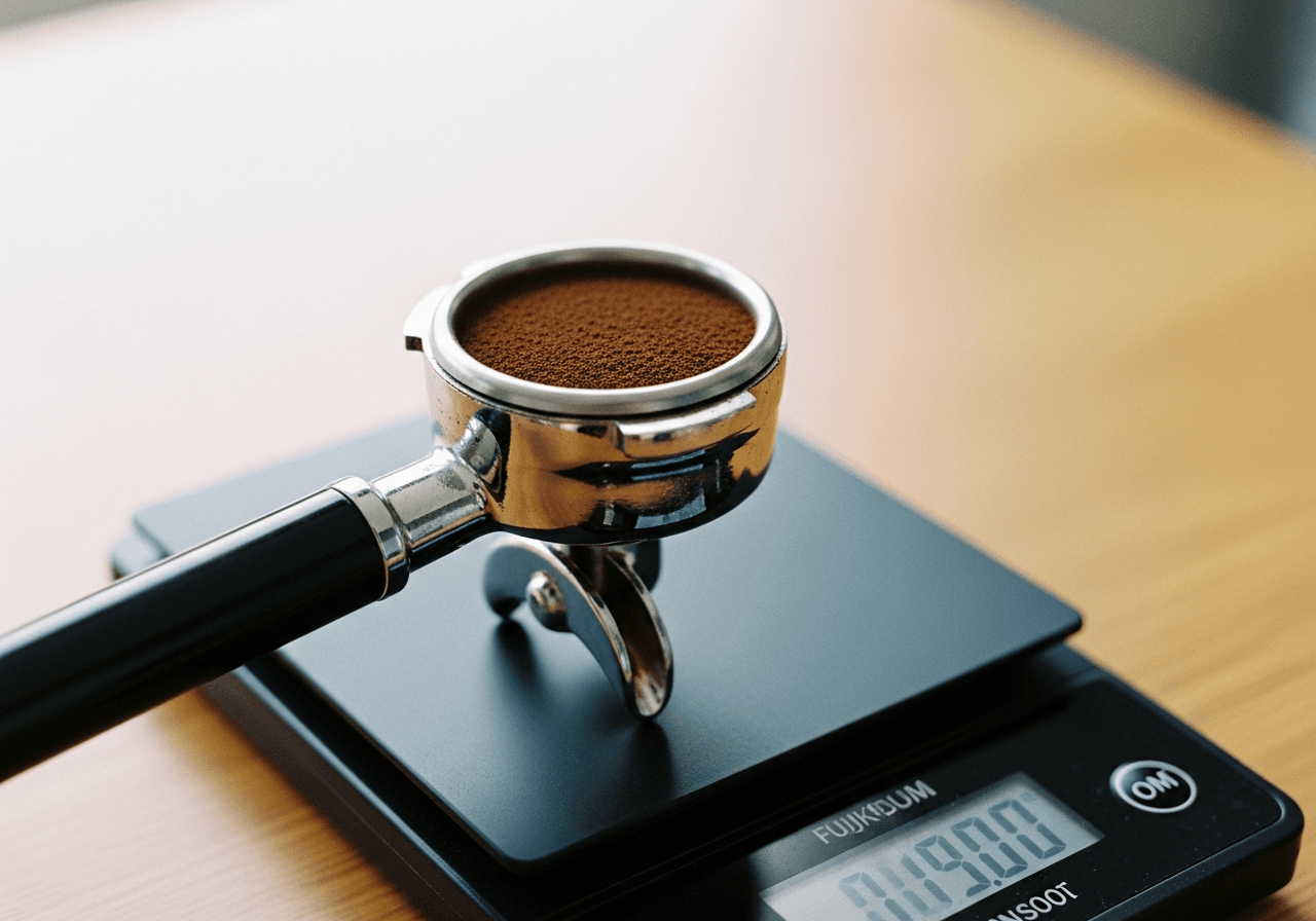 Close up of a digital scale with a portafilter filled with freshly ground coffee, soft lighting